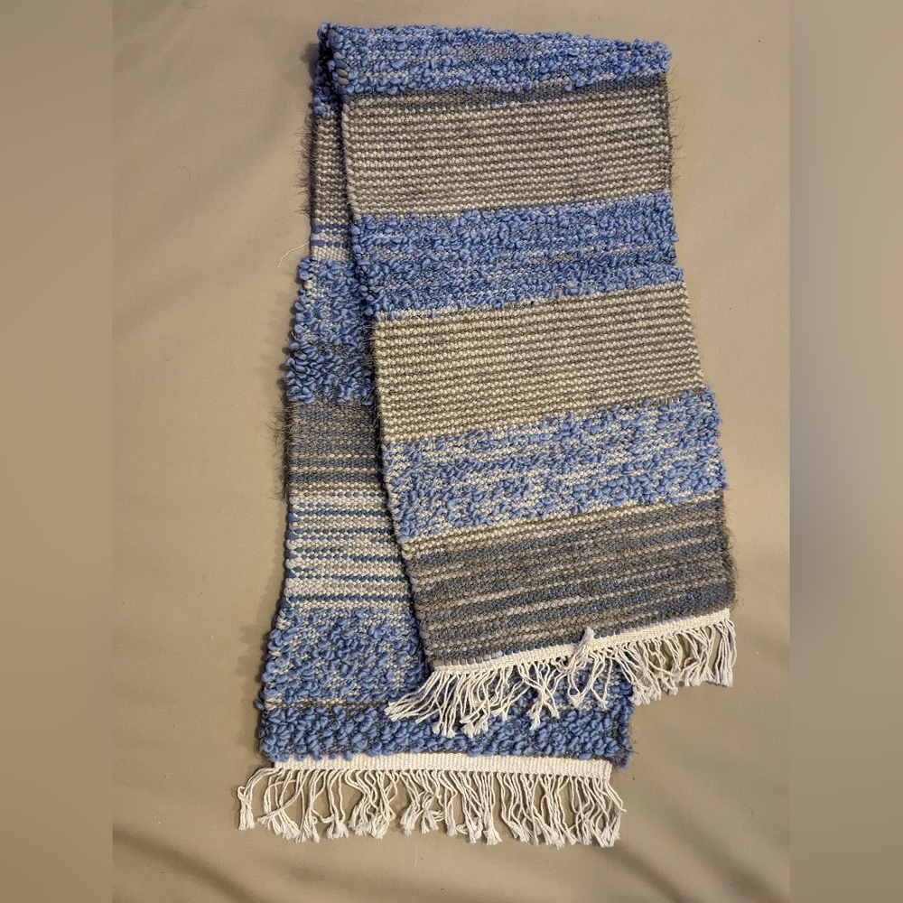 Handwoven Beachy Boho Table Runner Beach House Blue & Cream Fringed Casual Home